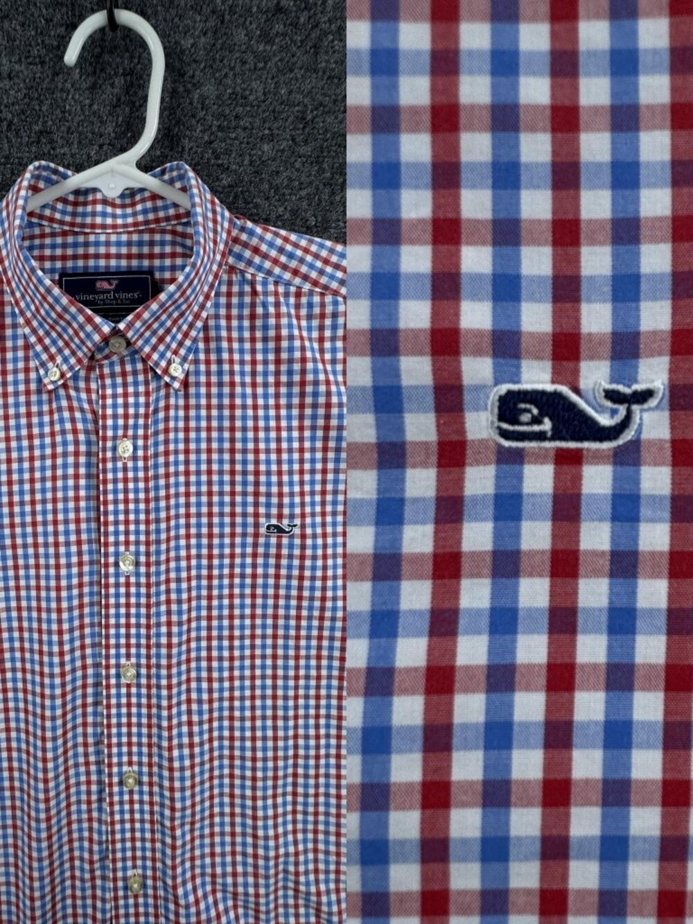 Vineyard Vines Whale Blue Red Button-Down Large Logo Check Mens Long Sleeve